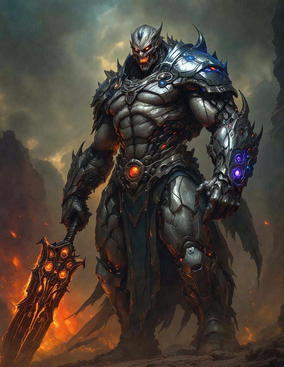 The primary subject of the image is a large, muscular robot with a menacing appearance. The robot is standing in front of a backdrop of a dark, cloudy sky. The visual style of the image is digital art, with the robot being depicted in a detailed and intricate manner. The colors and mood of the image are dark and ominous, with the robot's metallic armor and the cloudy sky creating a sense of foreboding.